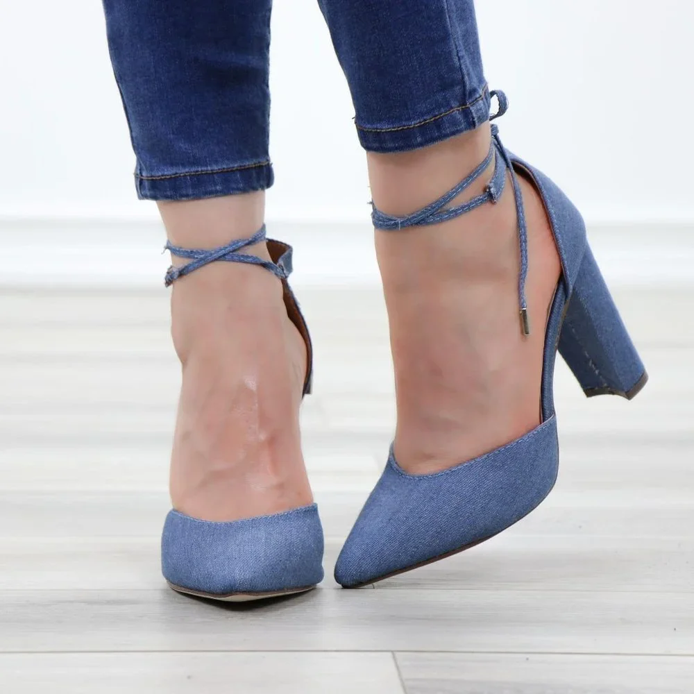 Denim Pointy Toe Block Lace-Up High Heel Pumps - Picture 9 of 12
